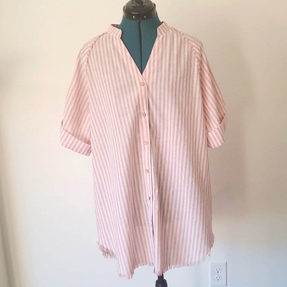 GIGIO, Pinstripped White and Pink Buttoned Shirt Dress, Size M